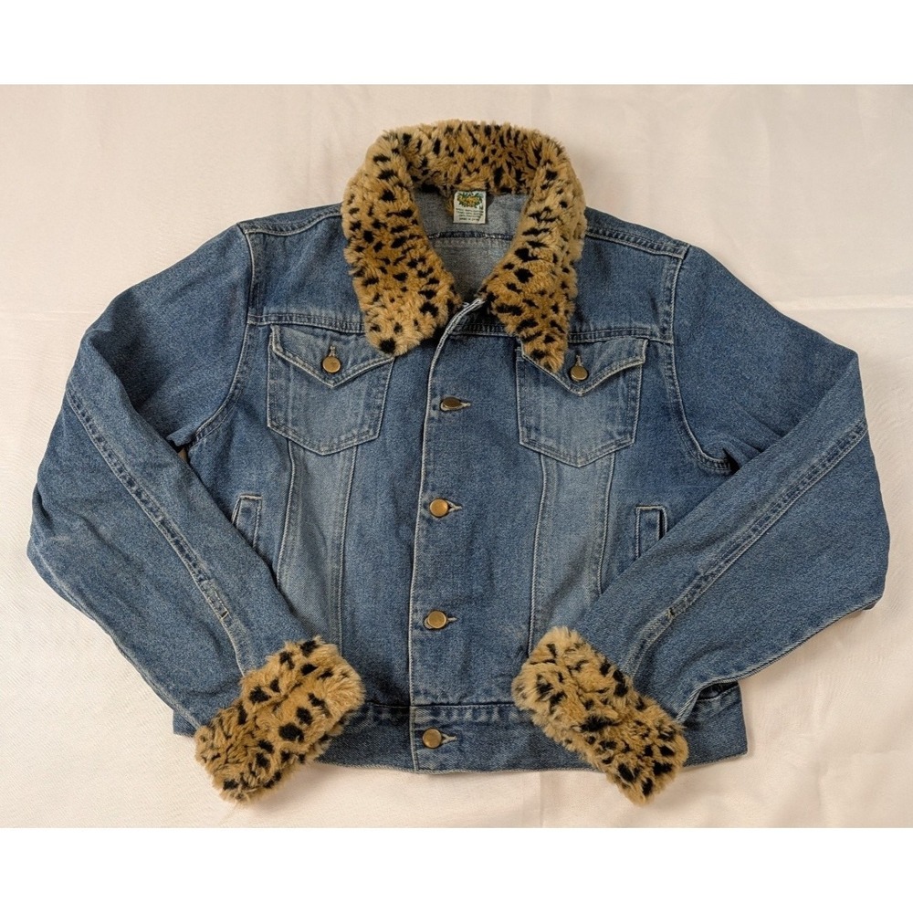 Vintage Rainforest Cafe Denim Jacket Faux Fur Leopard Print Collar Cuffs Blue